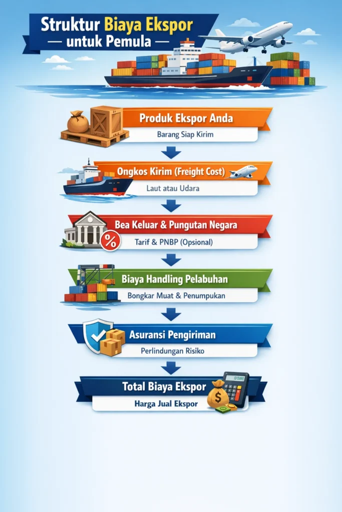 Infografik struktur biaya ekspor untuk pemula meliputi ongkos kirim, bea keluar, handling pelabuhan, dan asuransi pengiriman