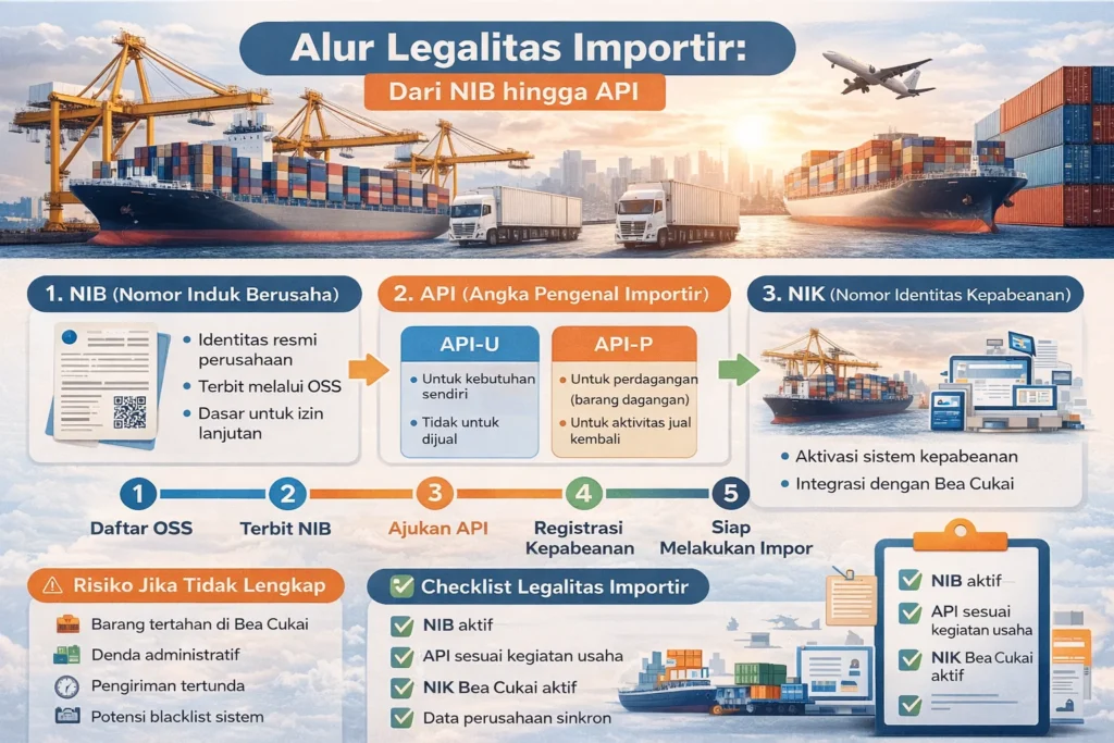 Cara Mengurus NIB dan API untuk Importir: Syarat, Prosedur, dan Penjelasan Lengkap 2 Infografik alur legalitas importir NIB dan API di Indonesia