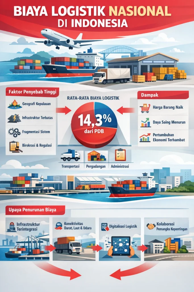 Infografik biaya logistik nasional di Indonesia dan faktor penyebabnya