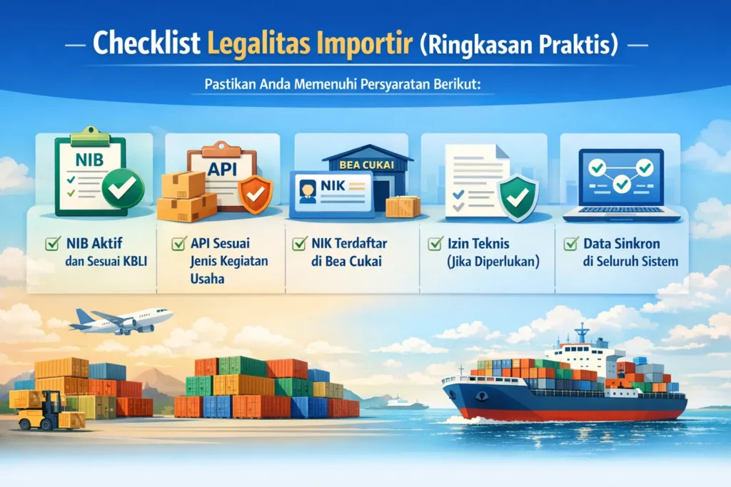 Cara Mengurus NIB dan API untuk Importir: Syarat, Prosedur, dan Penjelasan Lengkap 4 Infografik checklist legalitas importir Indonesia meliputi NIB aktif, API sesuai jenis usaha, NIK Bea Cukai, izin teknis, dan sinkronisasi data OSS.